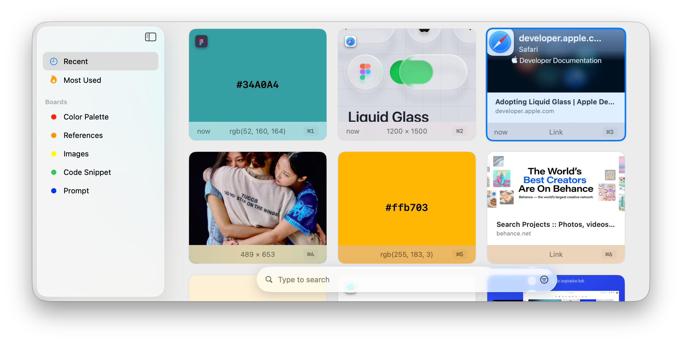 The clipppics overlay: a sidebar of boards beside a grid of clipboard cards, with a search field floating below.